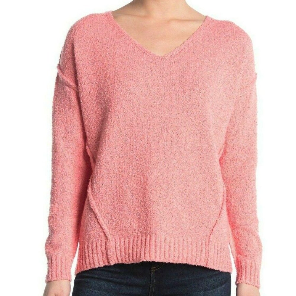 Woven Heart V-Neck Knit Sweater Medium M Coral (Pink) Long Sleeves